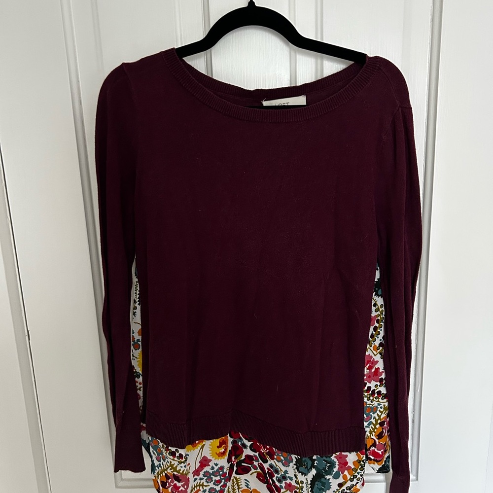 LOFT Burgundy Layered Pullover with Floral Hem